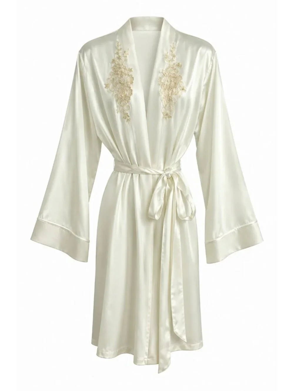 NWD Linea Donatella Satin Lace Trim Robe Sz S/M Ivory Long Sleeve Wrap Kimono